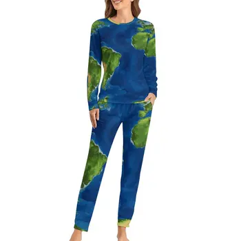 Zelená Zem Mapu Pyžamo Jeseň Mapa Sveta, Voľný čas Objemný Odev Žena s Dlhým Rukávom Tlačené Kawaii Pajama Sady Obrázok